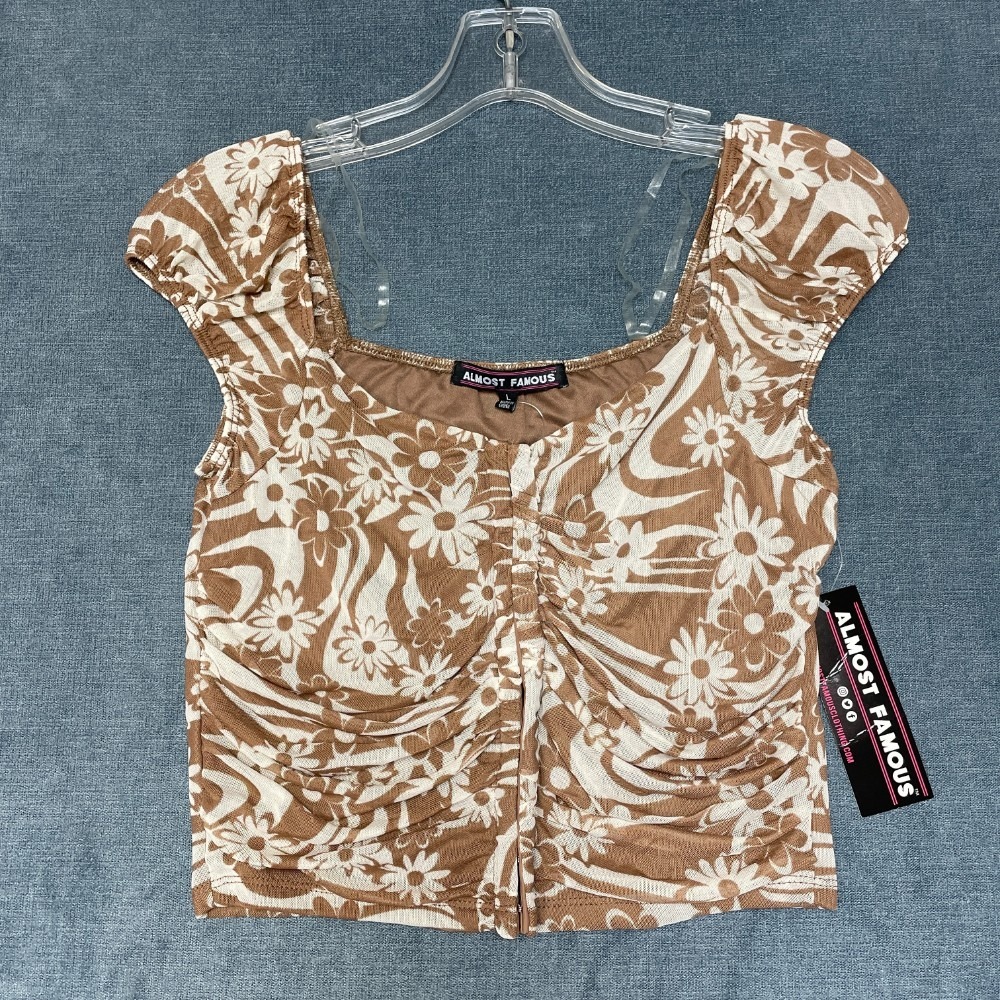 Almost Famous Cropped Top Womens Large Brown Beige Floral Print Ruched Front